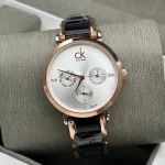 Versatile Chronograph Silver Dial Rose Gold Black Strap Watch For Women